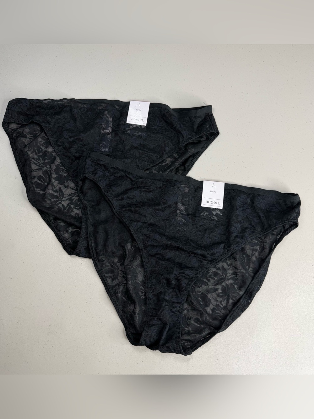 Auden Womens Black Floral Lace Bikini Panties Sheer Intimates Size Large 2 Pack